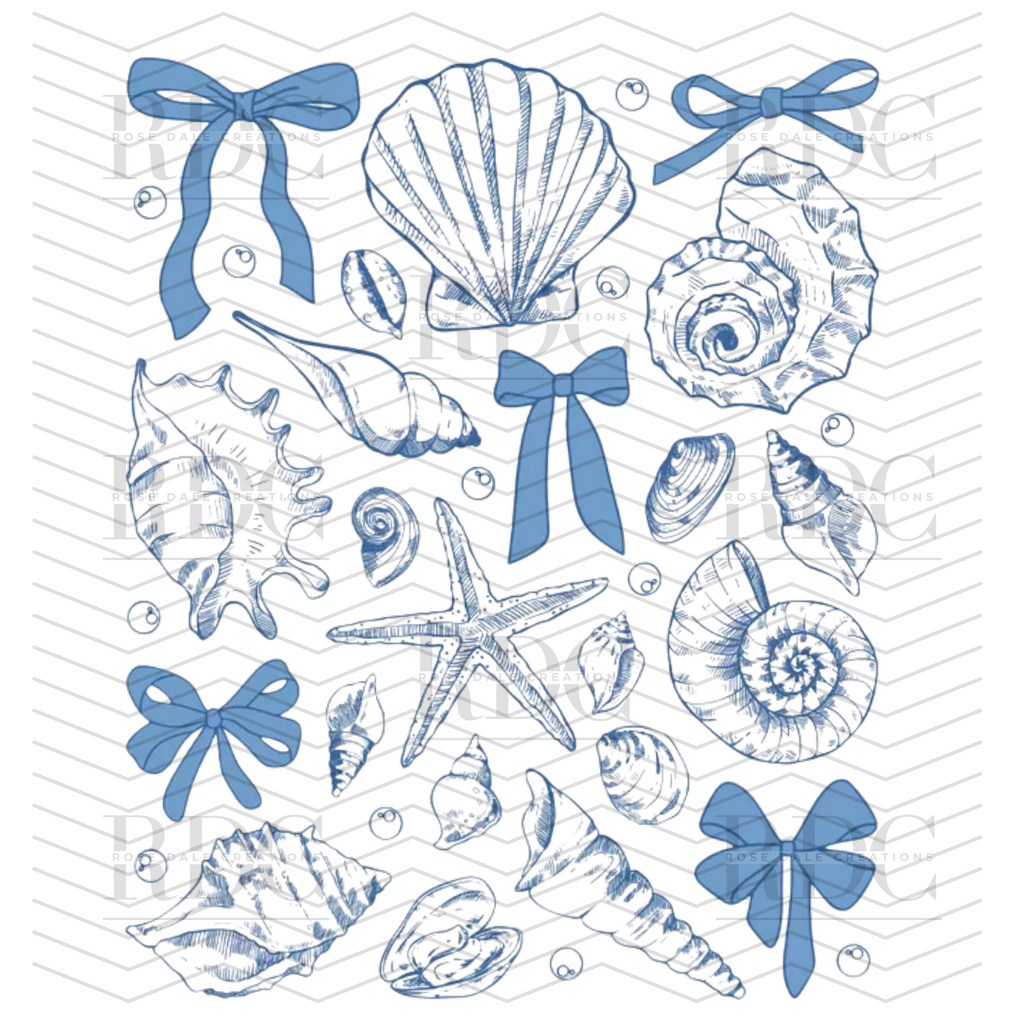 Sea Shells & Bows Blue Ready to Press DTF