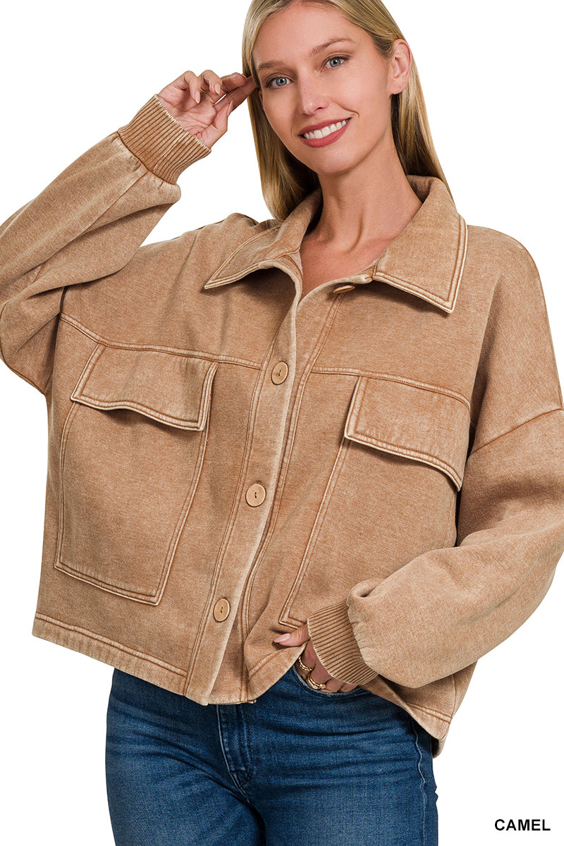 Womens Acid Wash Fleece Front Pocket Cropped Shacket