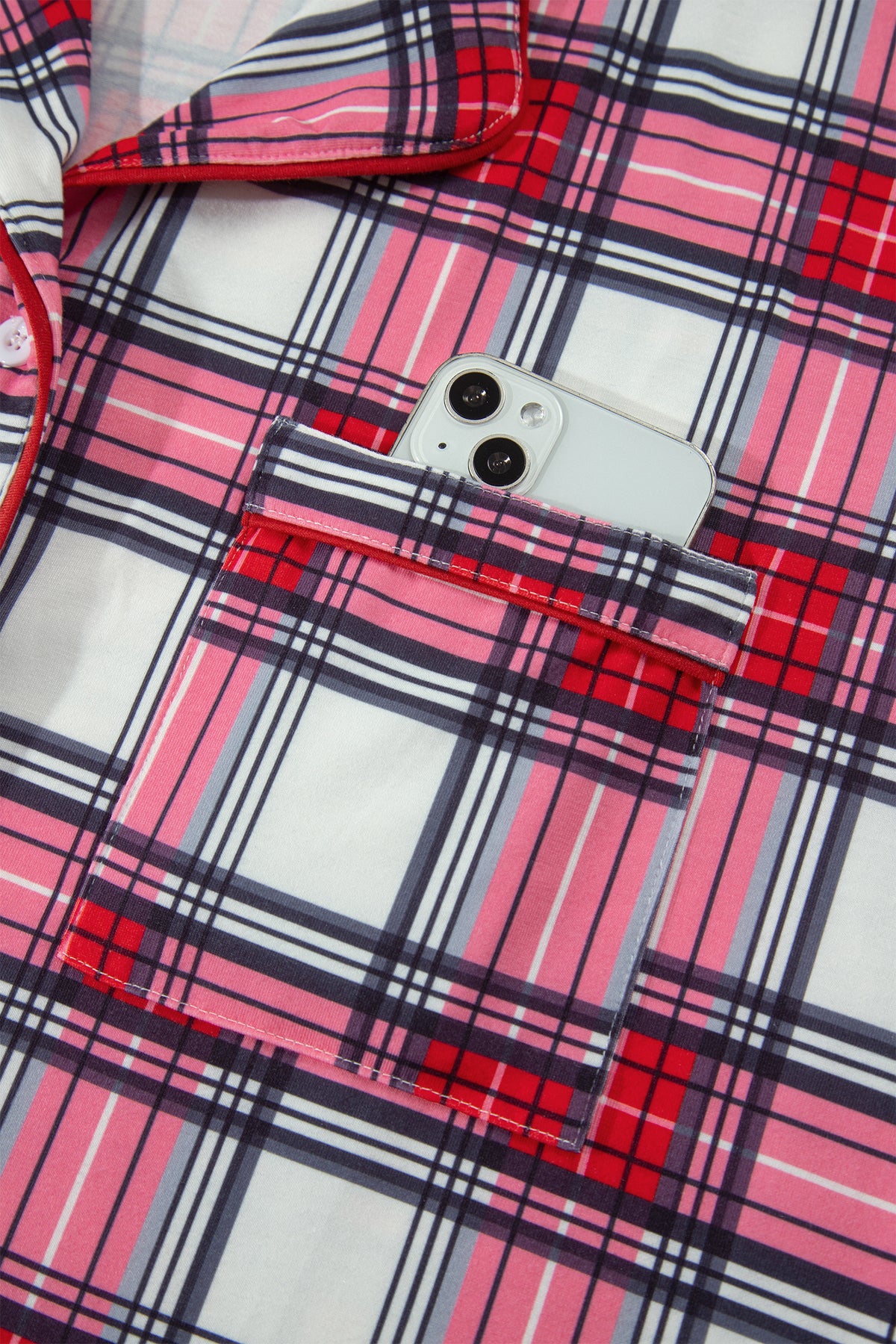 Red Plus Size Short Sleeve Button Down Plaid Pajama 2pcs Pant Set