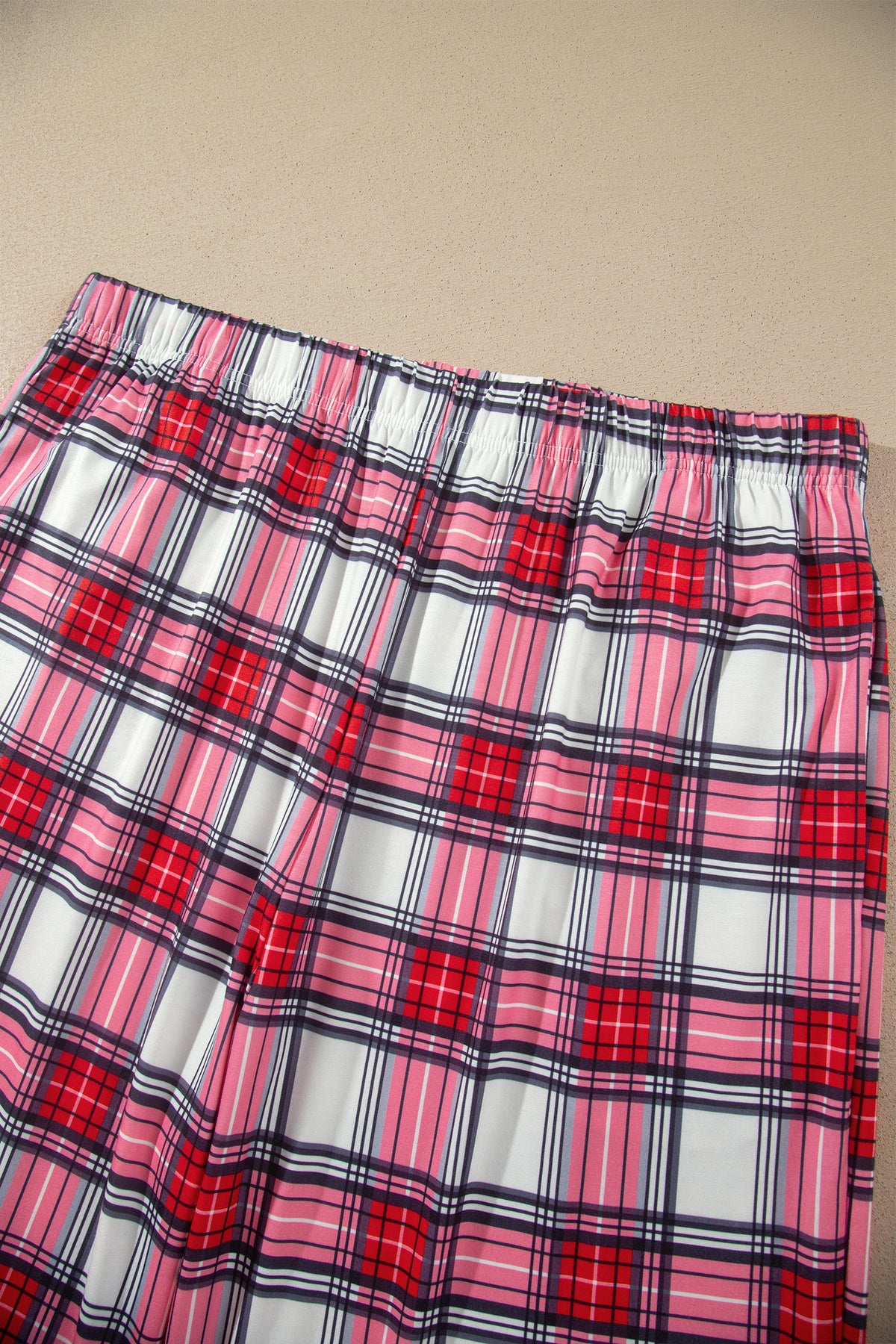 Red Plus Size Short Sleeve Button Down Plaid Pajama 2pcs Pant Set