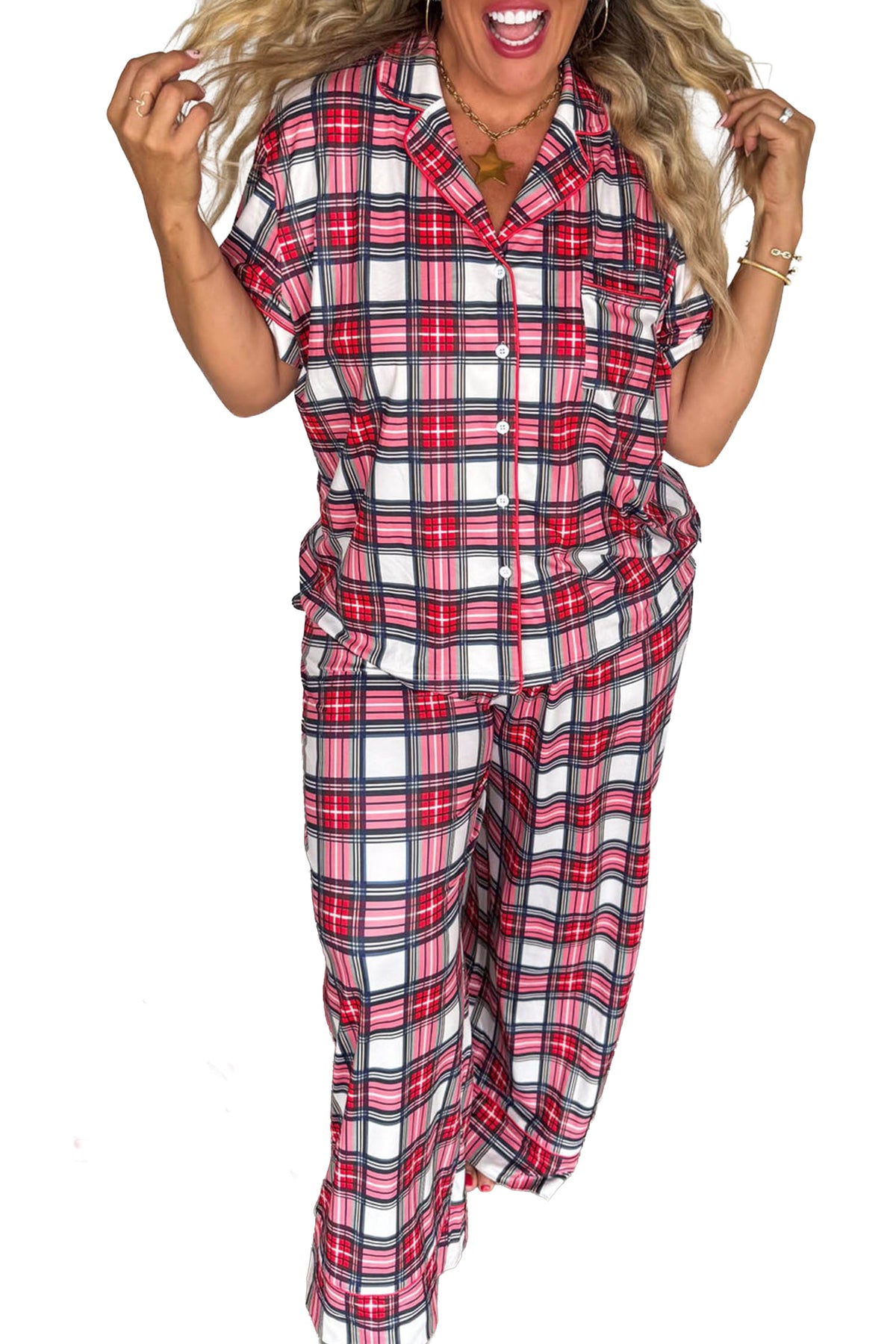 Red Plus Size Short Sleeve Button Down Plaid Pajama 2pcs Pant Set