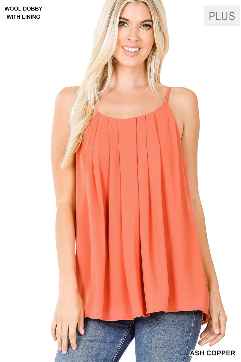 Plus woven wool dobby pleated spaghetti cami