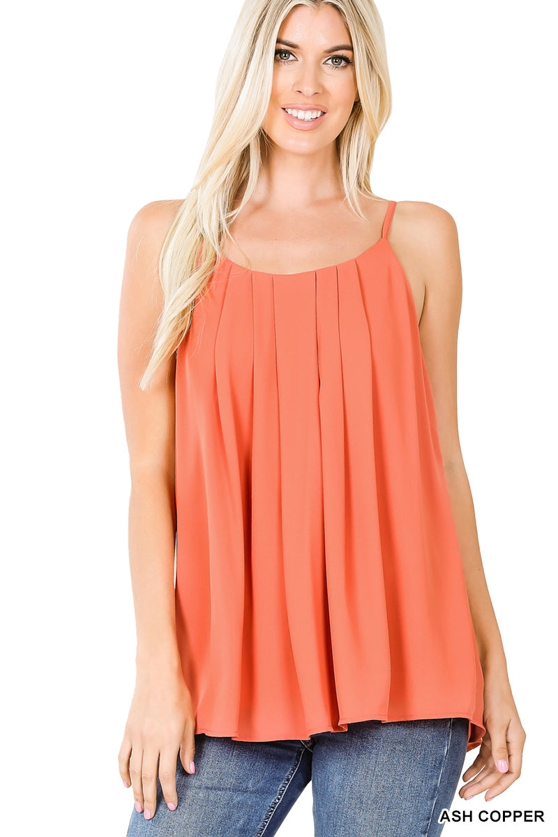 Woven wool dobby pleated spaghetti cami