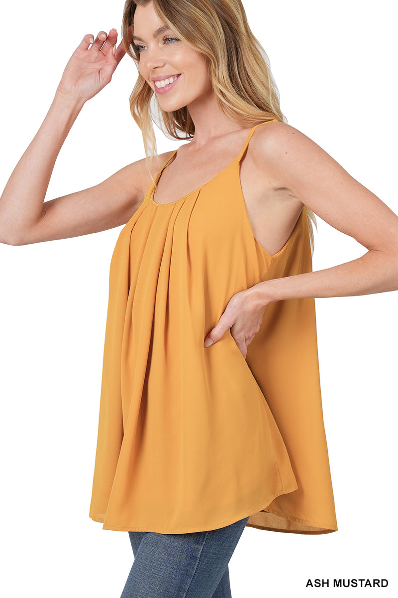 Woven wool dobby pleated spaghetti cami