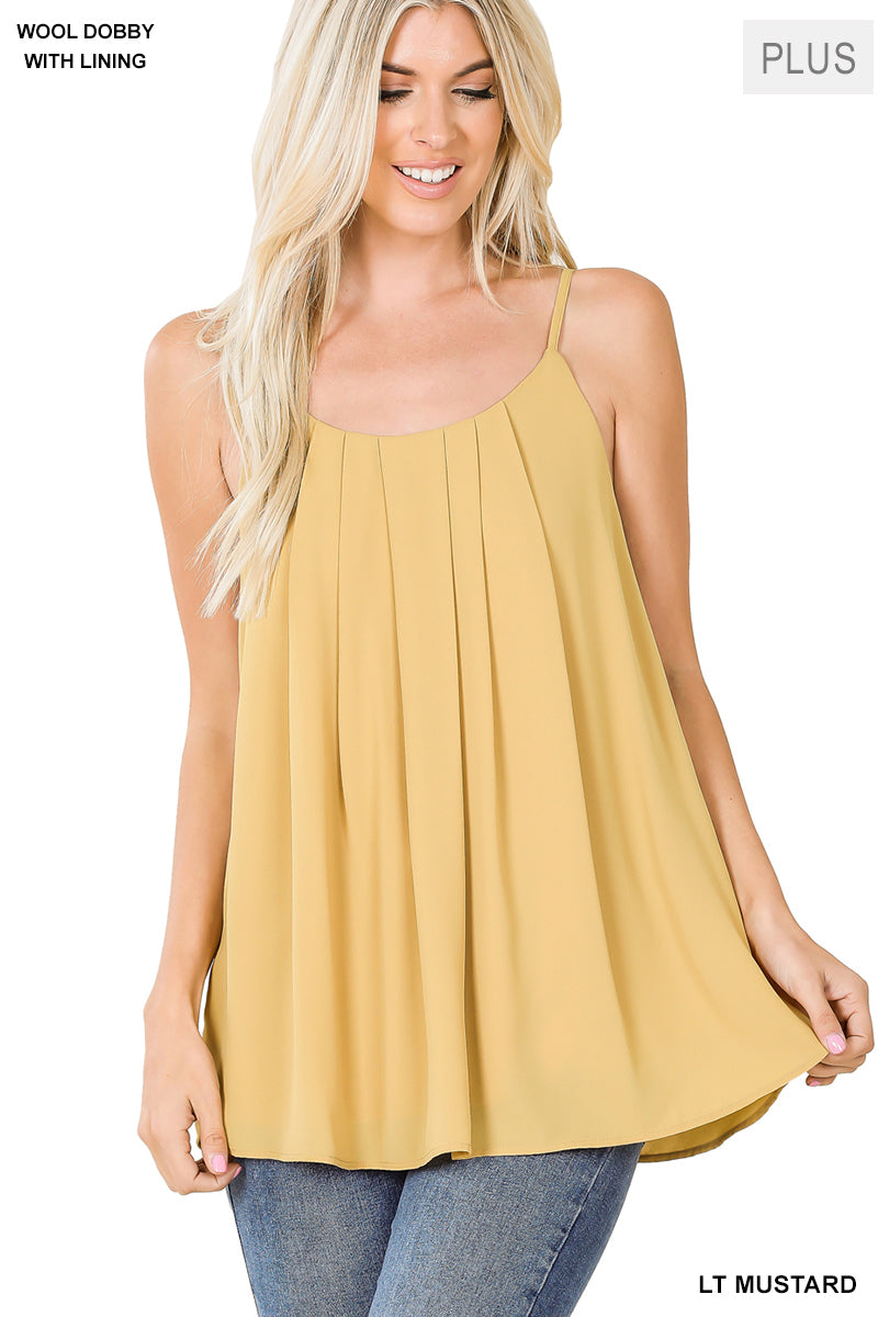 Plus woven wool dobby pleated spaghetti cami