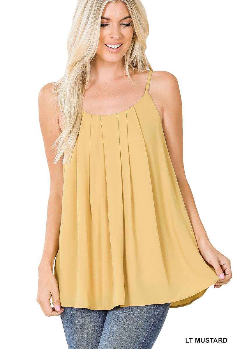 Woven wool dobby pleated spaghetti cami