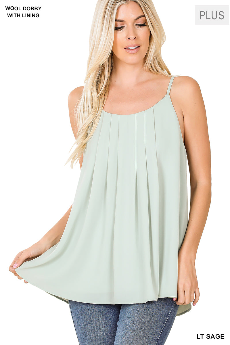Plus woven wool dobby pleated spaghetti cami
