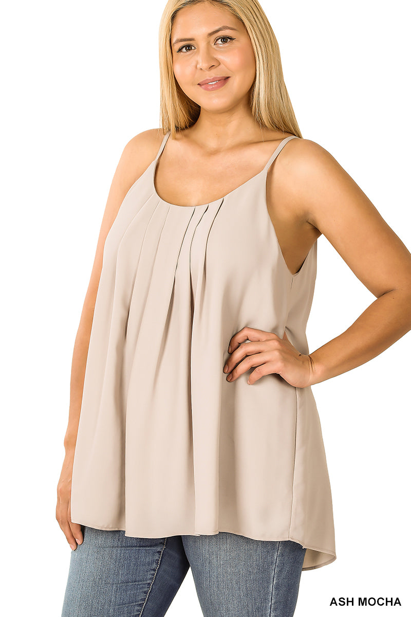 Plus woven wool dobby pleated spaghetti cami