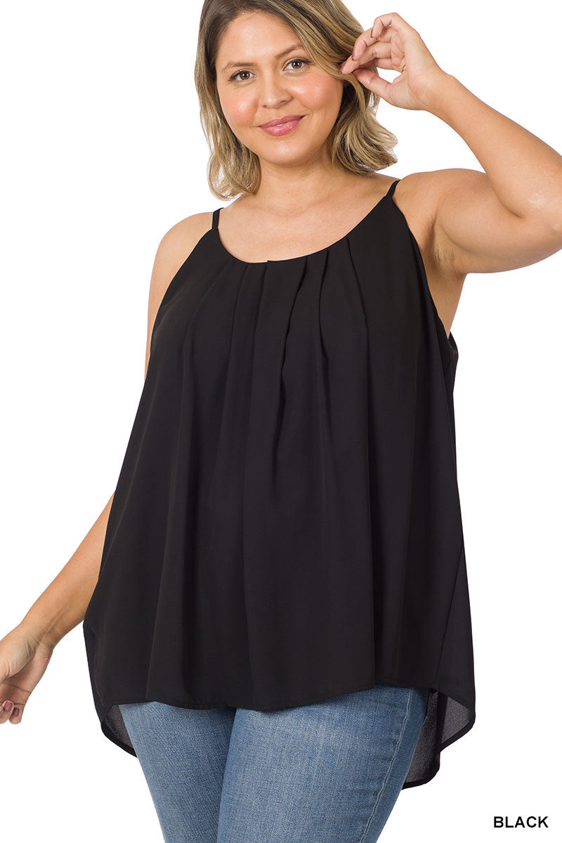 Plus woven wool dobby pleated spaghetti cami