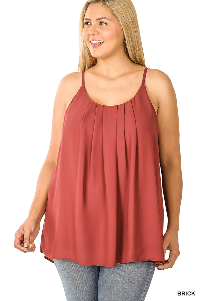 Plus woven wool dobby pleated spaghetti cami