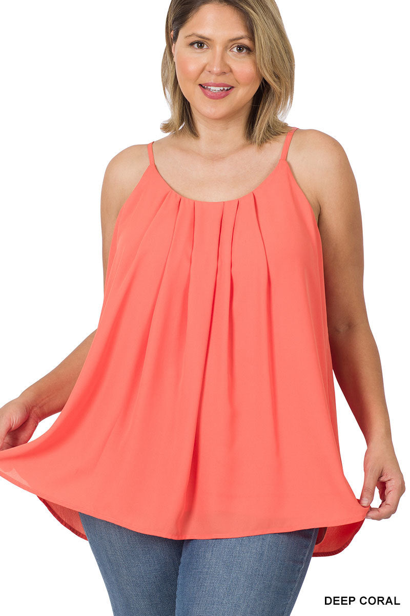 Plus woven wool dobby pleated spaghetti cami