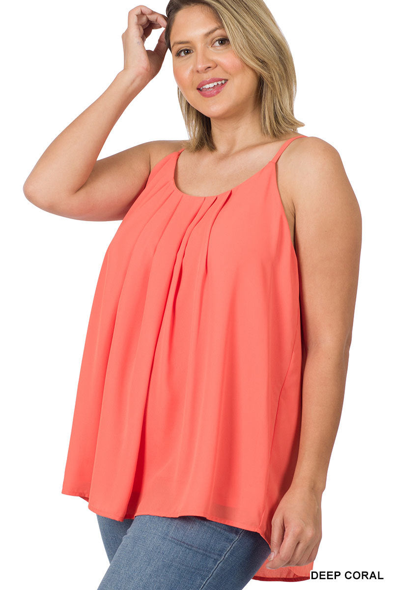 Plus woven wool dobby pleated spaghetti cami
