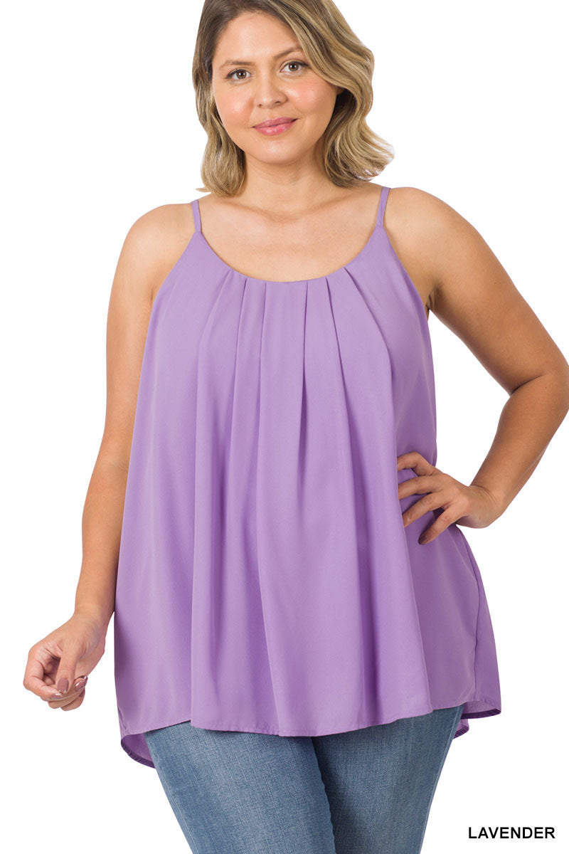 Plus woven wool dobby pleated spaghetti cami