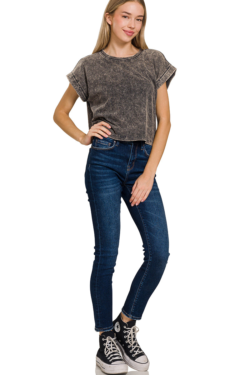 Washed cotton cuffed short sleeve top