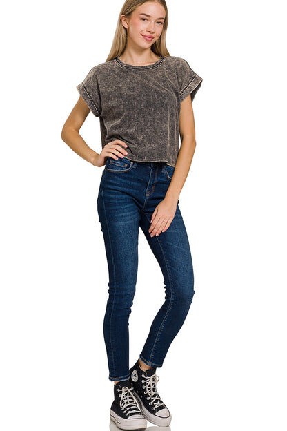 Washed cotton cuffed short sleeve top