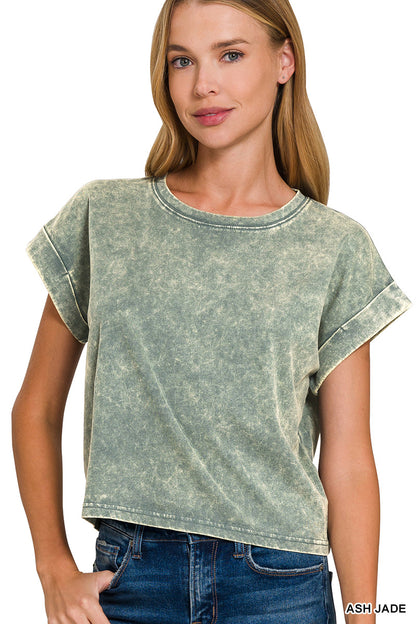 Washed cotton cuffed short sleeve top