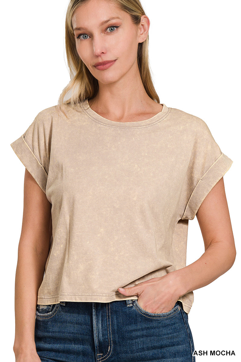 Washed cotton cuffed short sleeve top