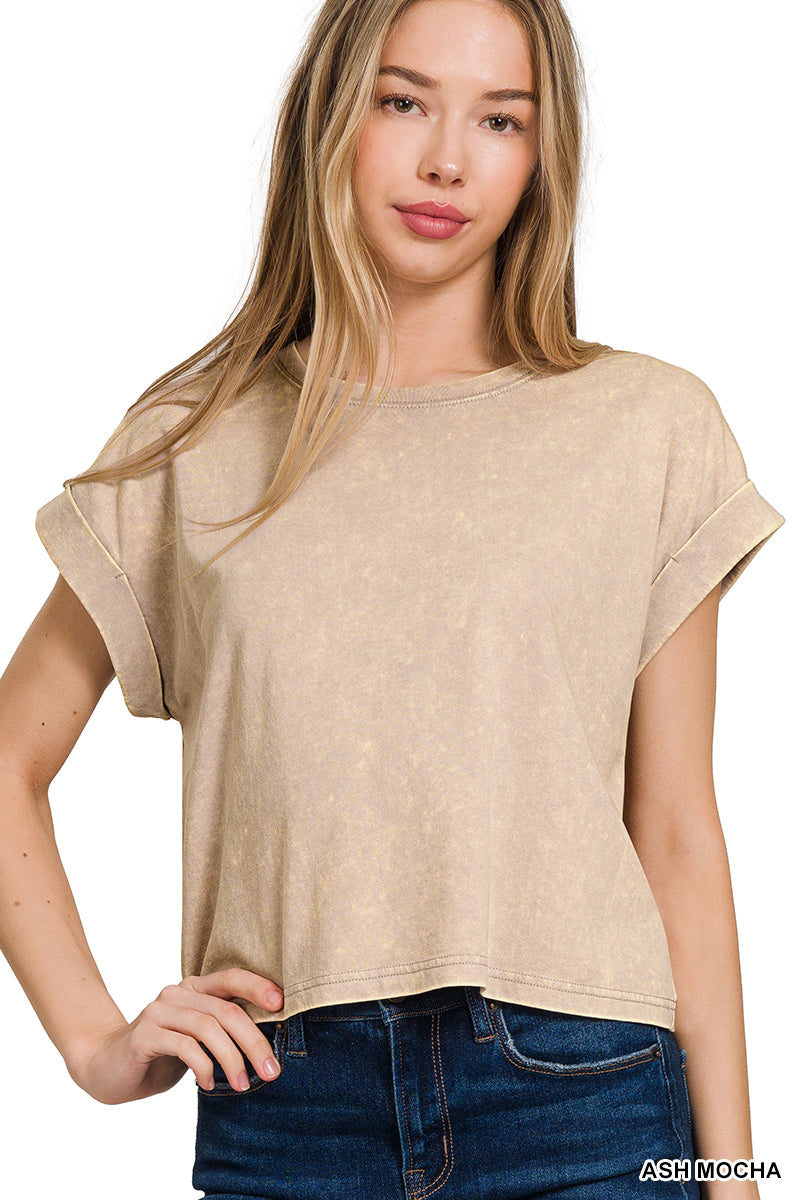 Washed cotton cuffed short sleeve top