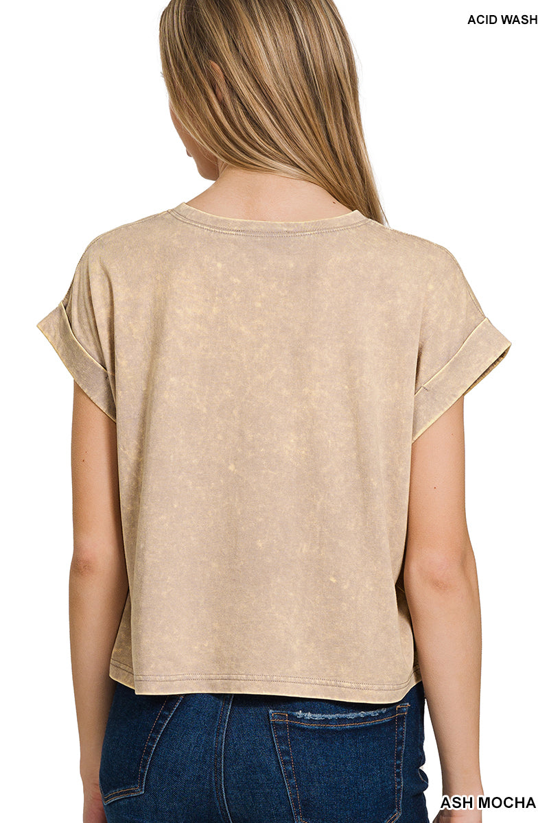 Washed cotton cuffed short sleeve top
