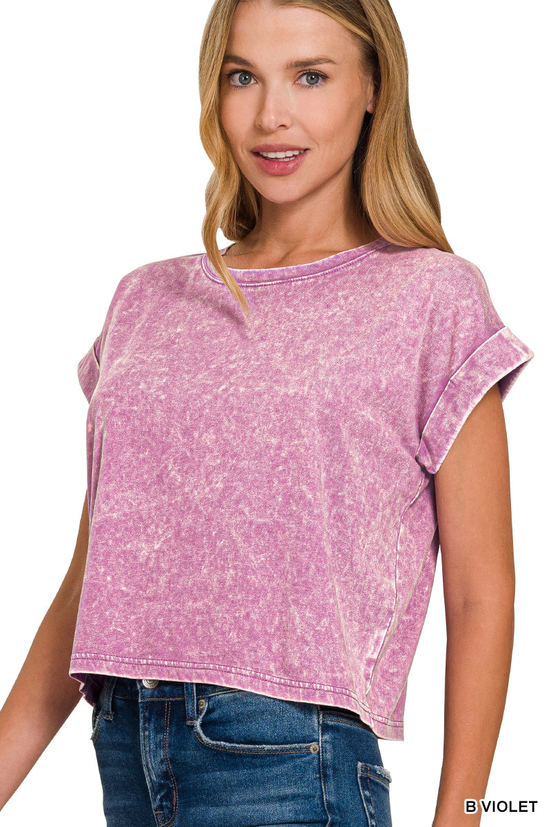 Washed cotton cuffed short sleeve top
