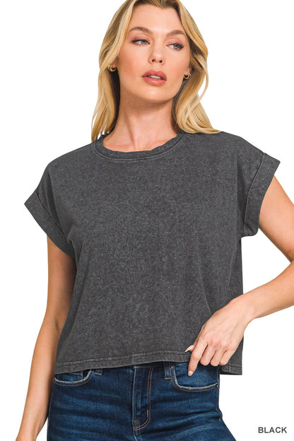 Washed cotton cuffed short sleeve top