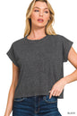 Washed cotton cuffed short sleeve top