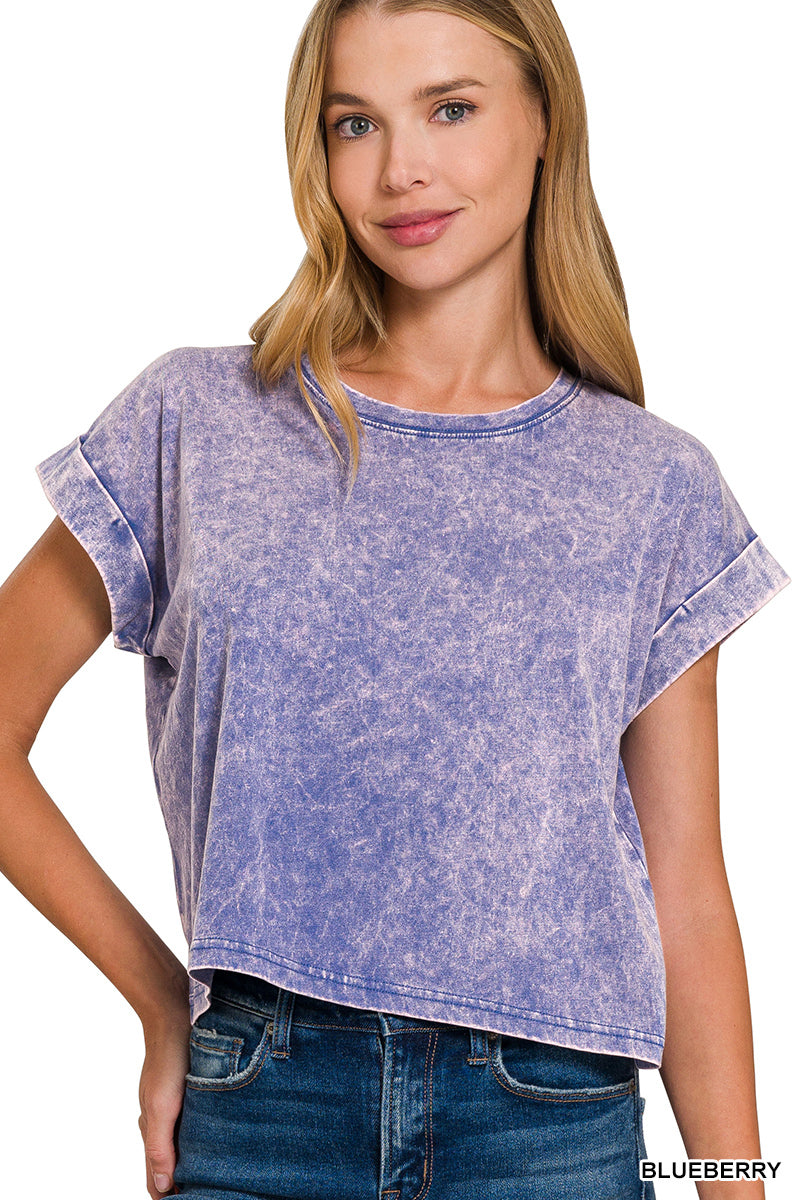 Washed cotton cuffed short sleeve top