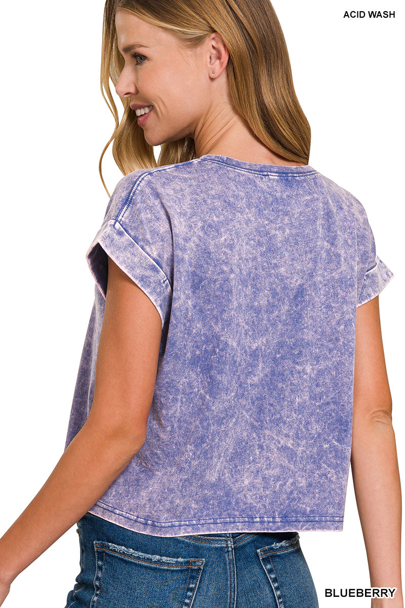 Washed cotton cuffed short sleeve top