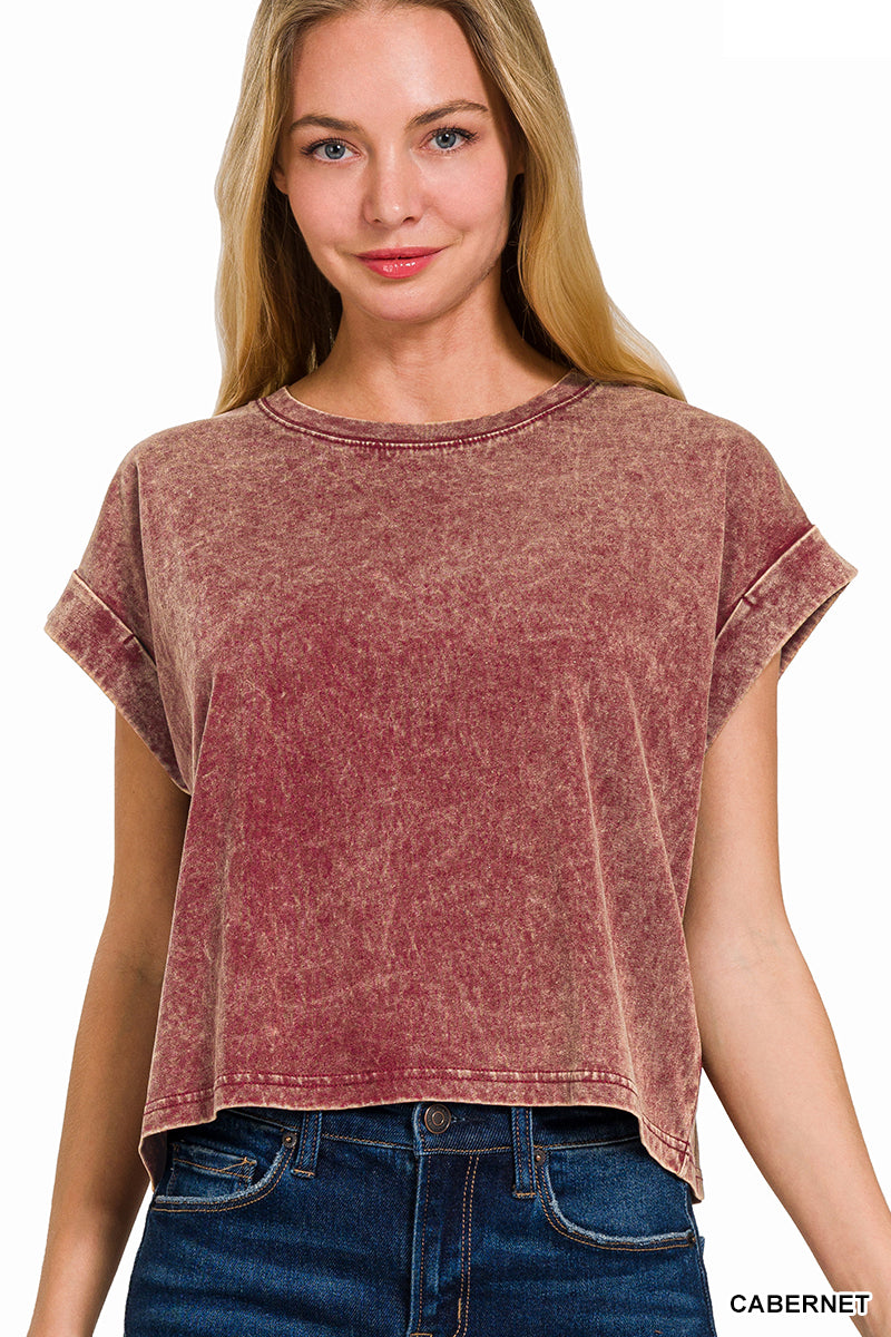 Washed cotton cuffed short sleeve top