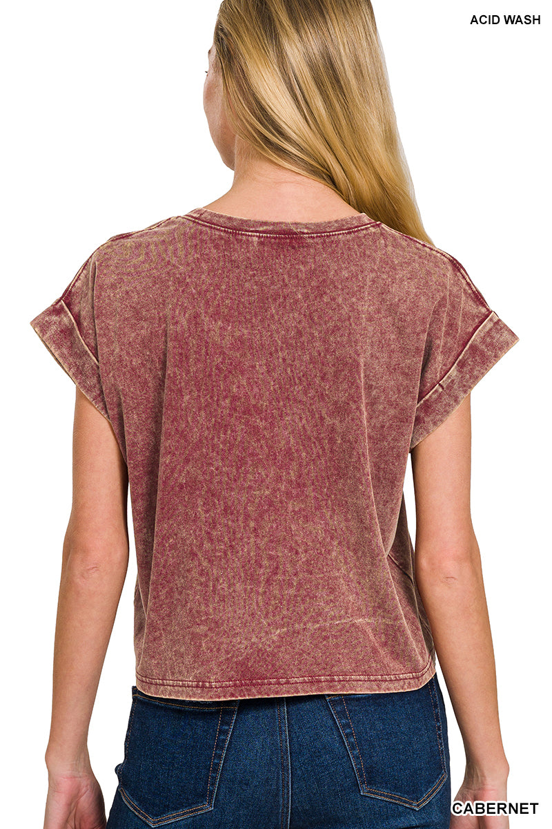 Washed cotton cuffed short sleeve top