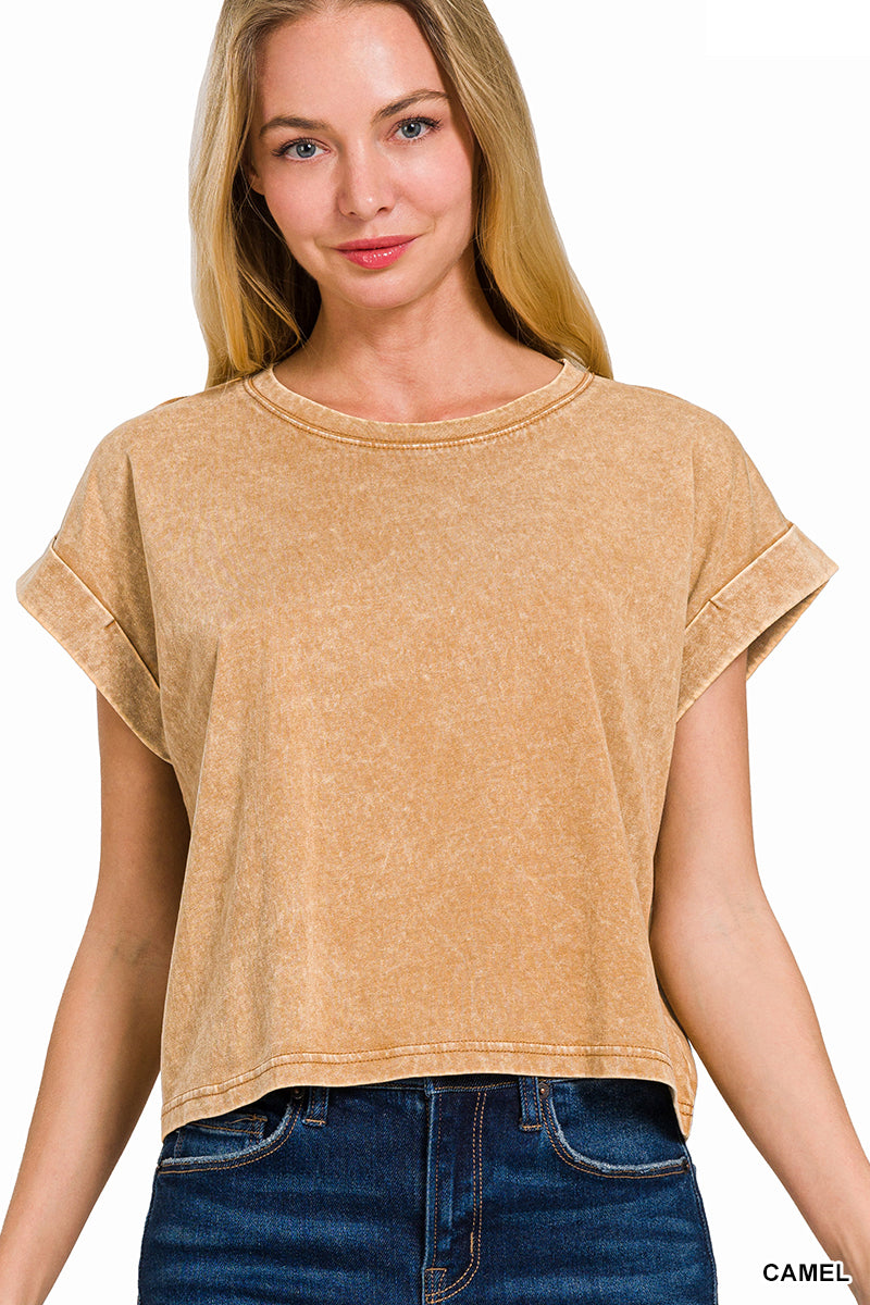 Washed cotton cuffed short sleeve top