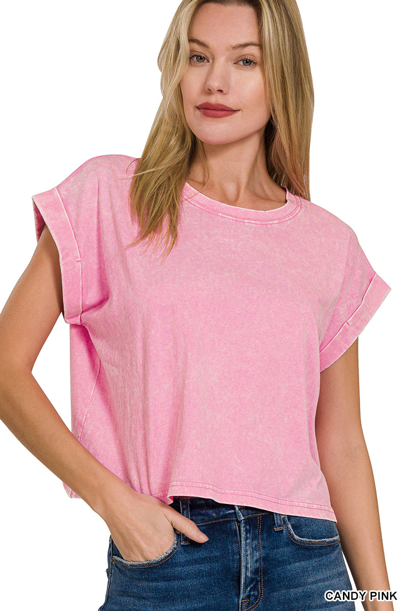 Washed cotton cuffed short sleeve top