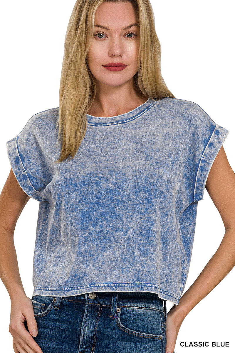 Washed cotton cuffed short sleeve top