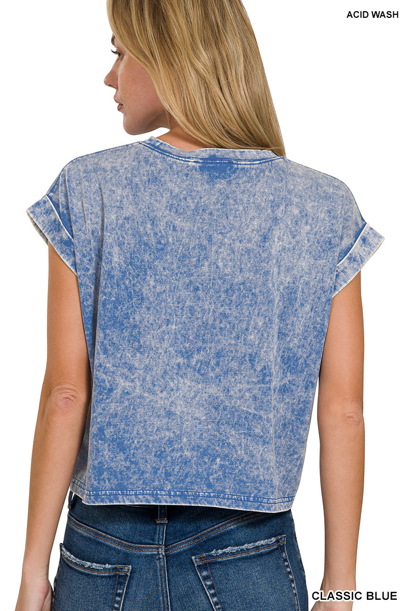 Washed cotton cuffed short sleeve top