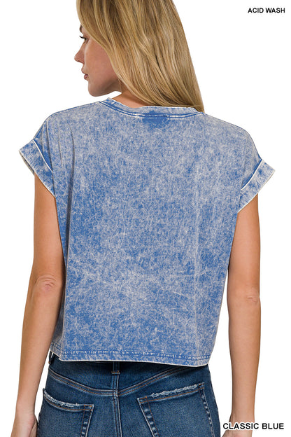 Washed cotton cuffed short sleeve top