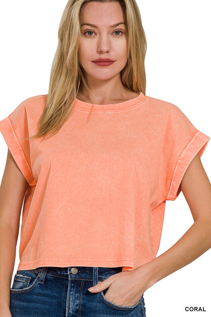 Washed cotton cuffed short sleeve top
