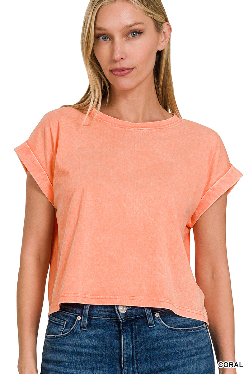 Washed cotton cuffed short sleeve top