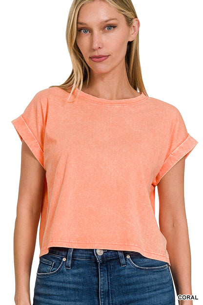Washed cotton cuffed short sleeve top