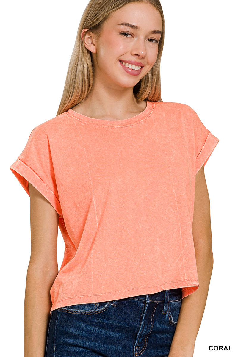Washed cotton cuffed short sleeve top