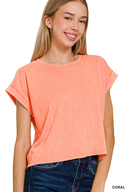 Washed cotton cuffed short sleeve top