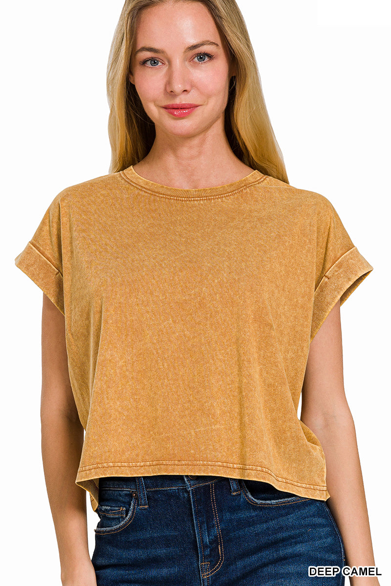Washed cotton cuffed short sleeve top