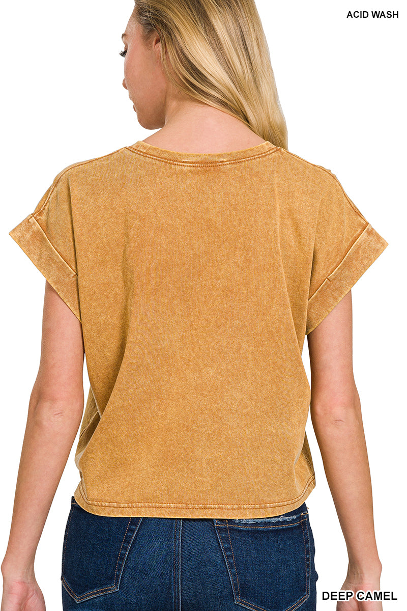 Washed cotton cuffed short sleeve top