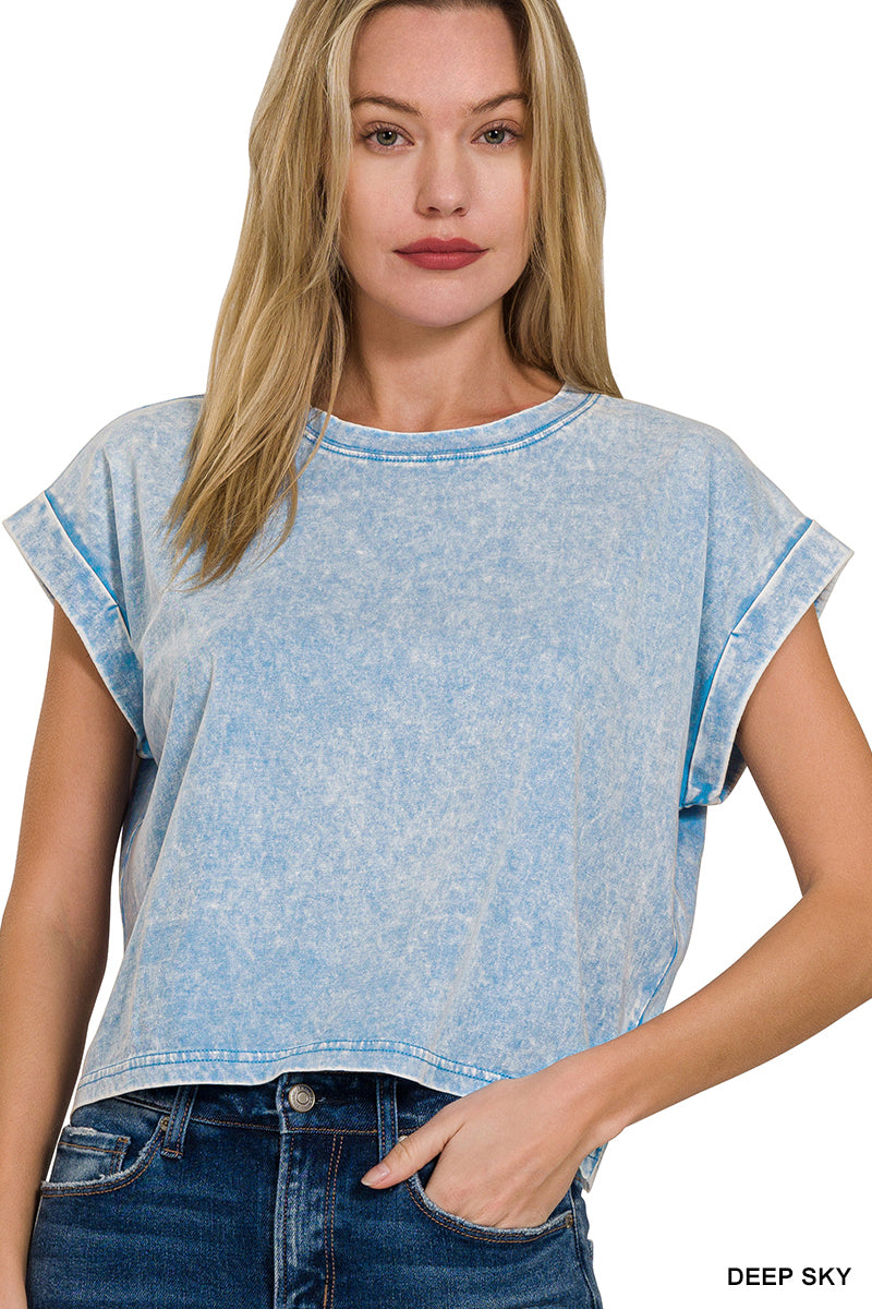 Washed cotton cuffed short sleeve top