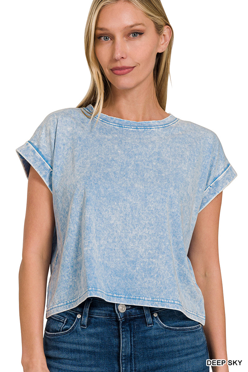 Washed cotton cuffed short sleeve top