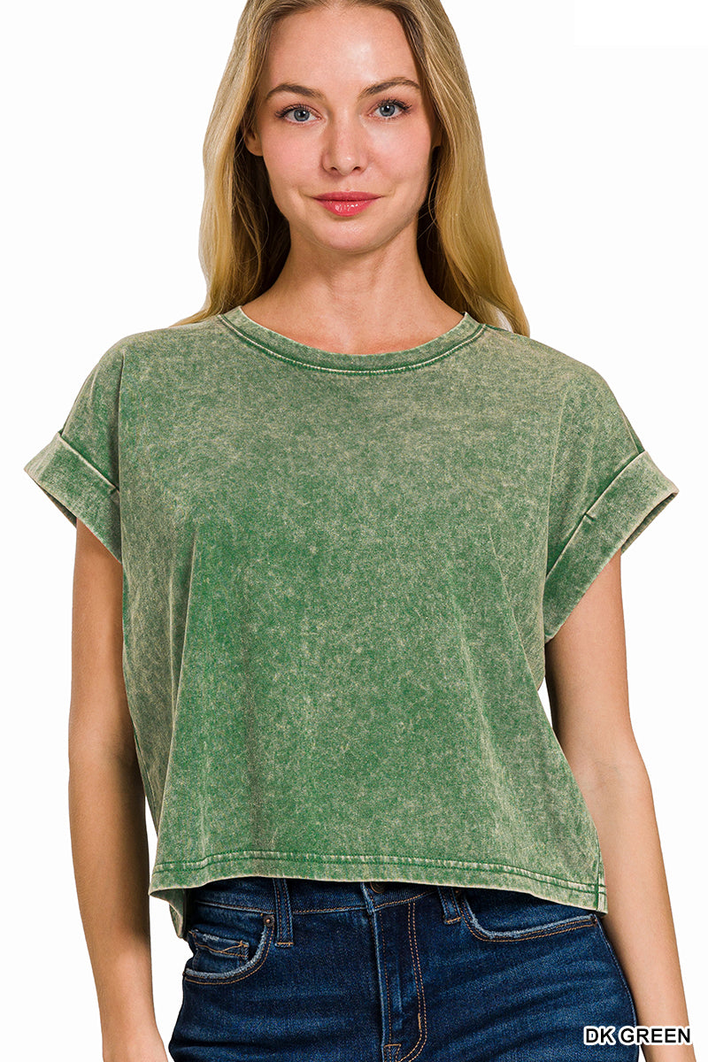 Washed cotton cuffed short sleeve top