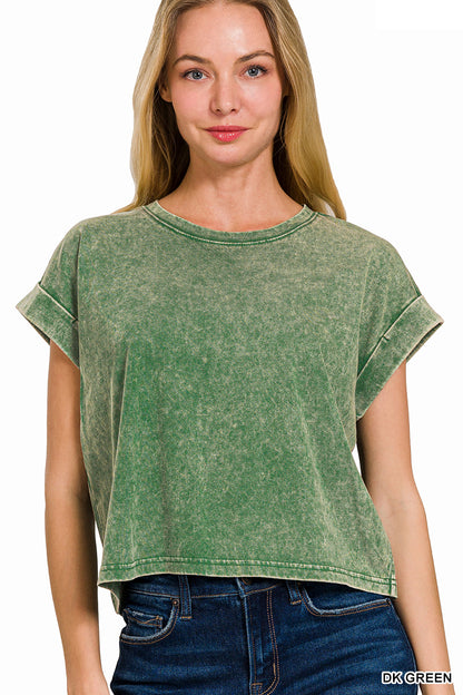 Washed cotton cuffed short sleeve top