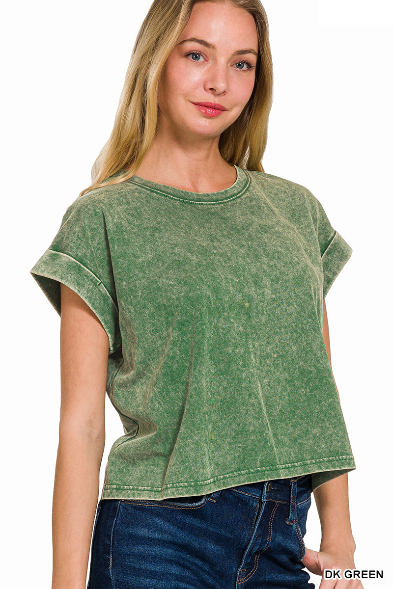 Washed cotton cuffed short sleeve top