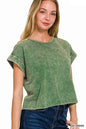 Washed cotton cuffed short sleeve top