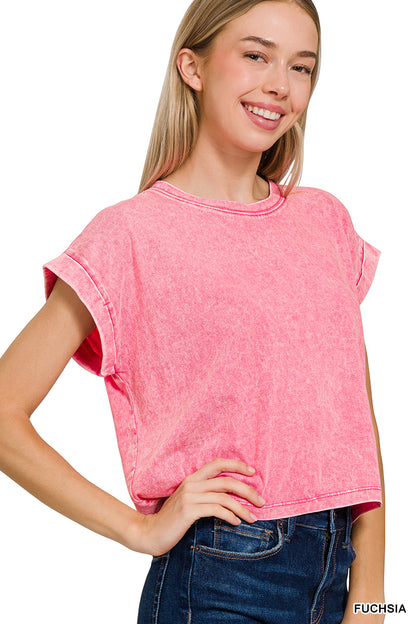 Washed cotton cuffed short sleeve top