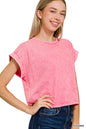 Washed cotton cuffed short sleeve top